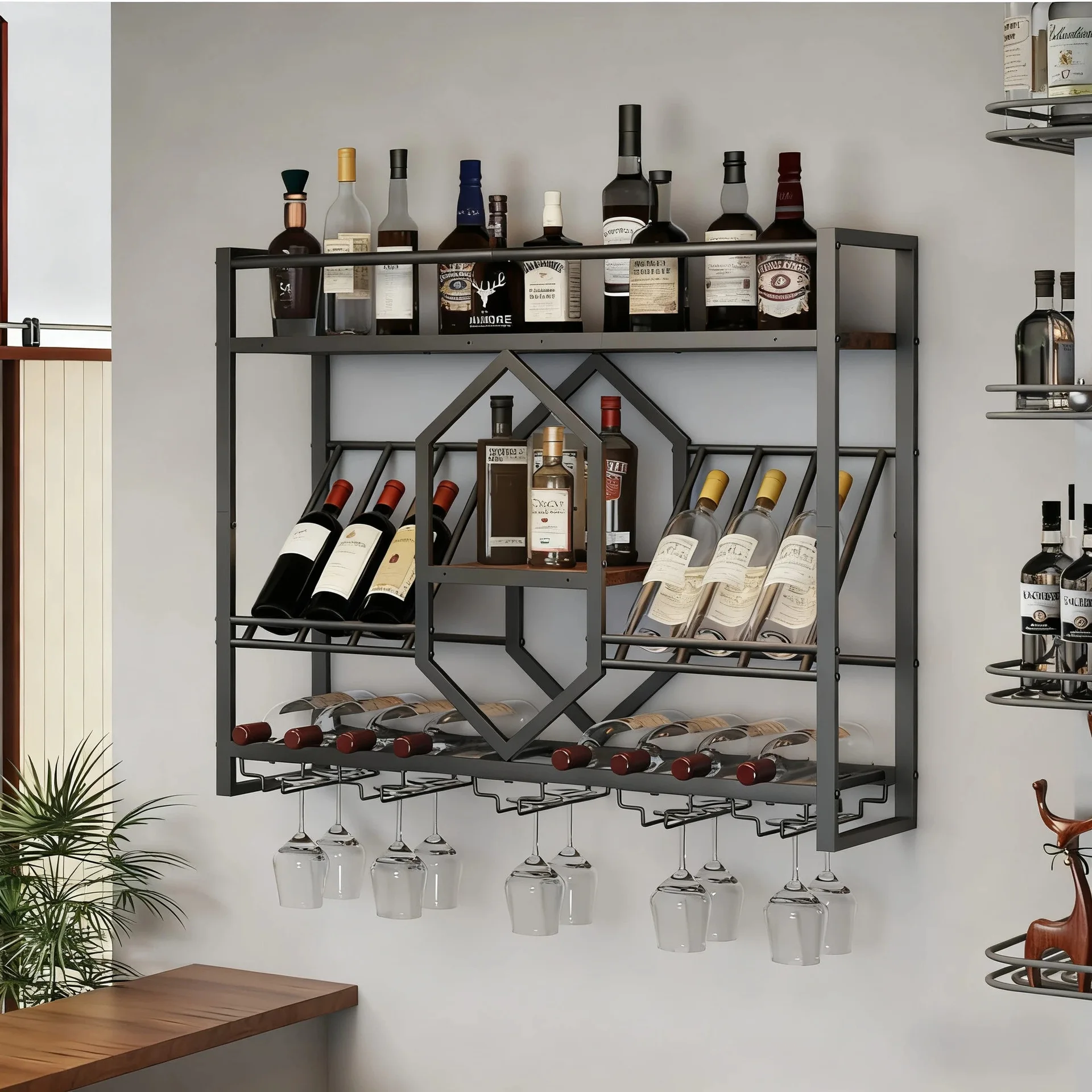 Wine Rack Wall Mount - Smeedijzeren bar-wijnrek, wanddisplaykast, opbergrek voor wijnkasten,